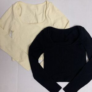 OQQ S Womans 2 Peice Crop Top Long Sleeve Square Neck Fitted Top, Blk, Wh